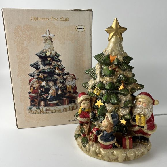 Vtg Opulence Lighted Christmas Tree Ceramic Santa Children Village Lit Stars 10” - Picture 2 of 16